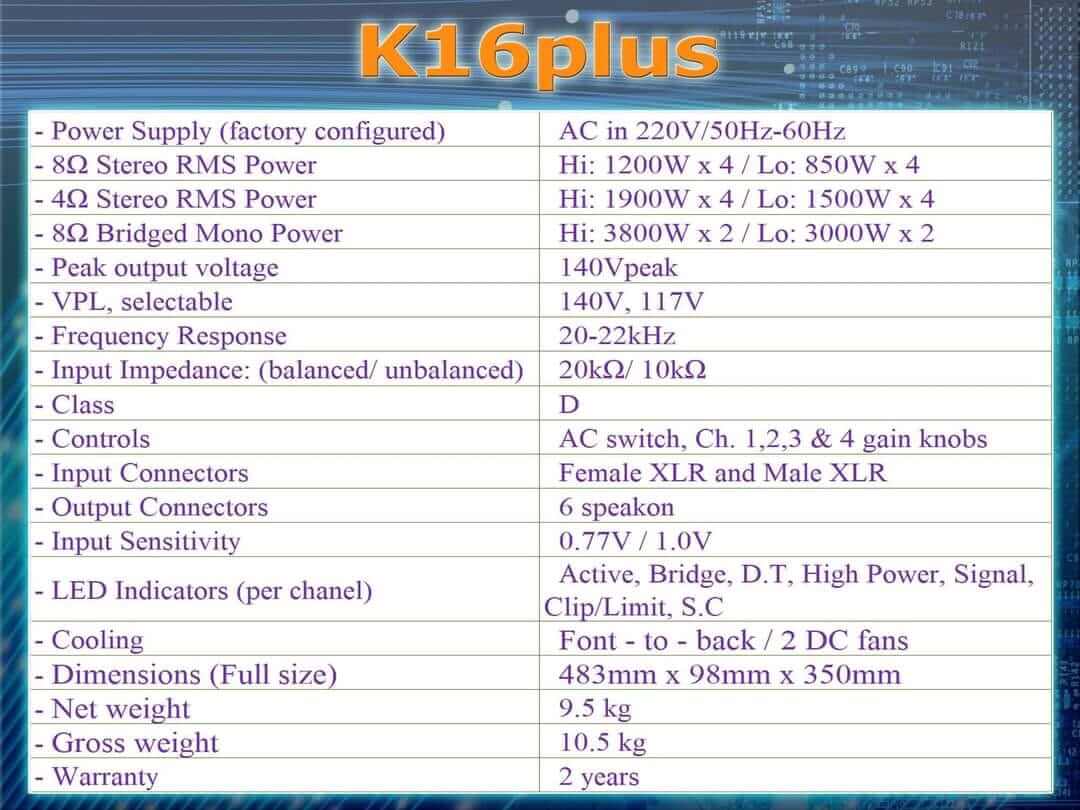 Thông số Main Công Suất Korah K16 Plus